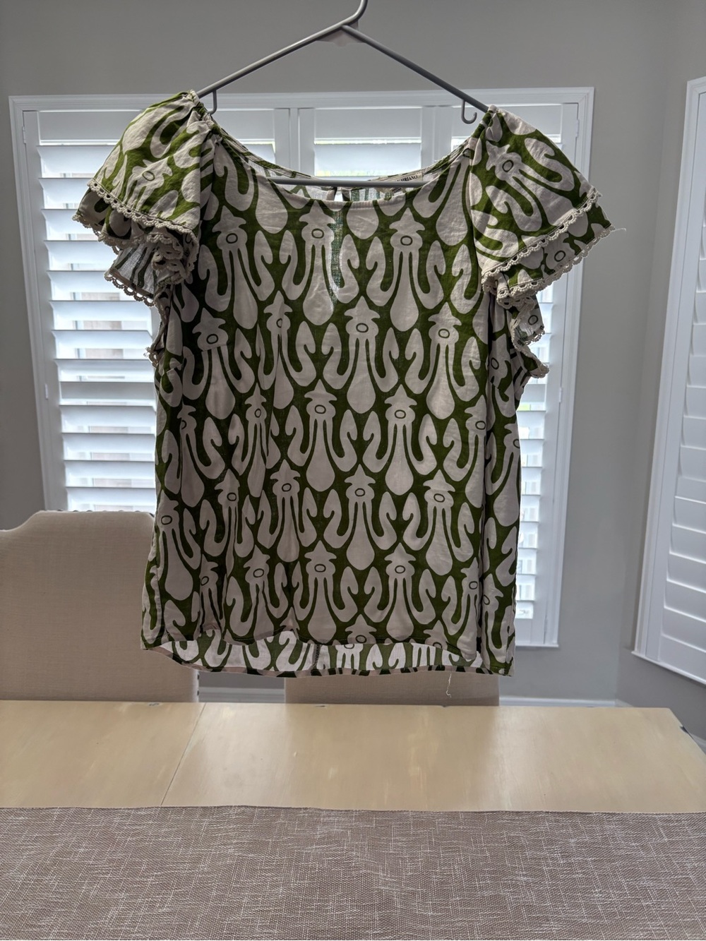 Christian Siriano Olive Green and White Patterned Flutter Sleeve Top